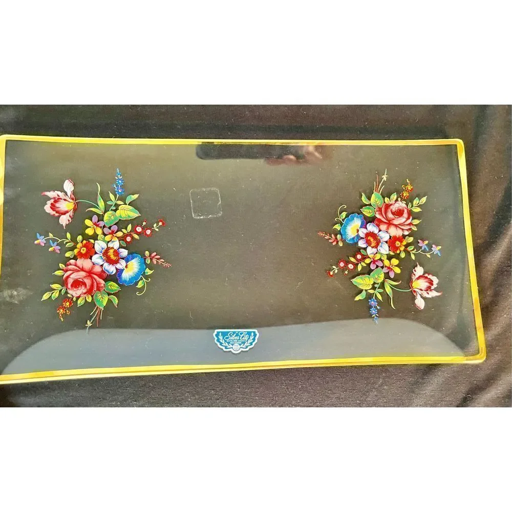 Vintage Silver City Glass NOS Floral Hand Painted Serving Tray Beautiful